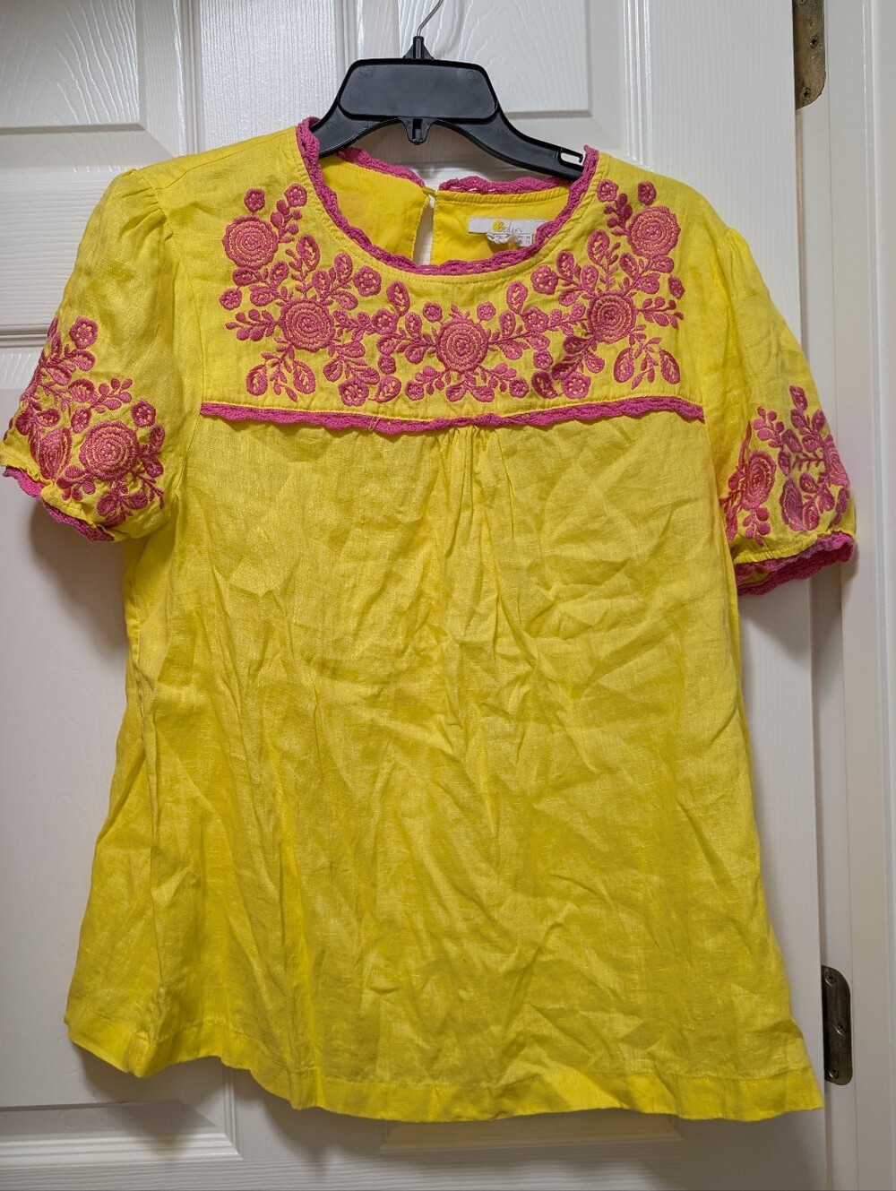 Boden Cornelia Yellow Linen Pink Floral Embroidered Top Size 14